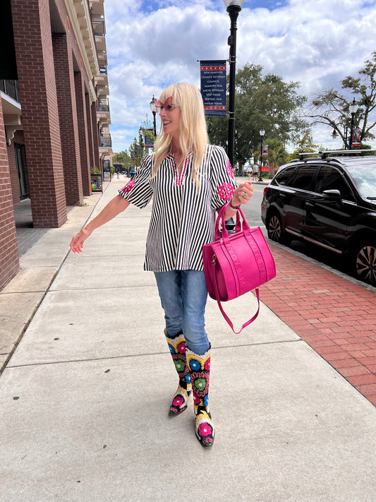 Knitted Striped Floral Sleeve Top