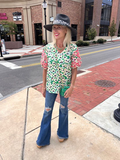 Embroidered Balloon Sleeve Top