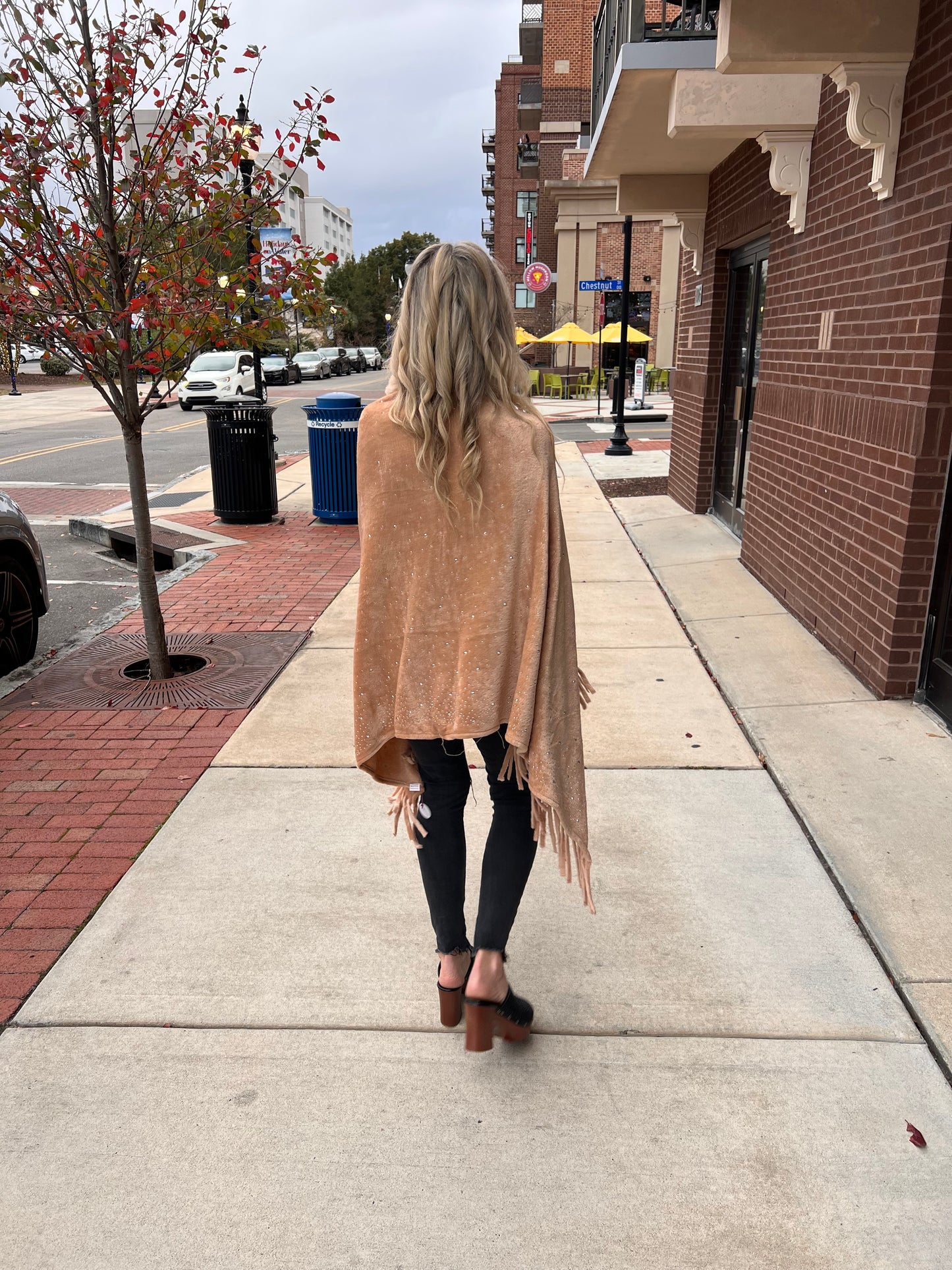 Rhinestone Embellished Fringe Faux Fur Poncho