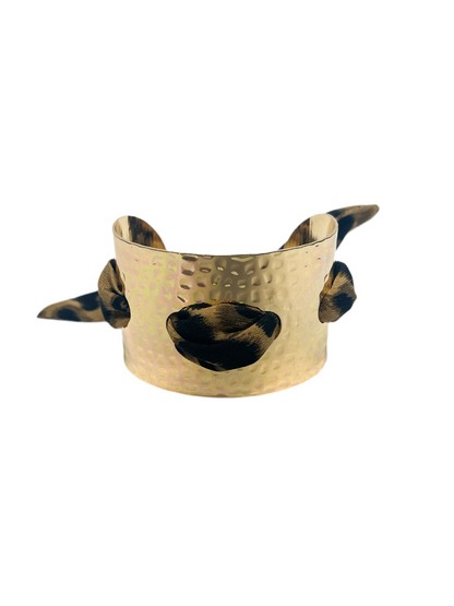 Gold hammered metal bangle bracelet with printed tie