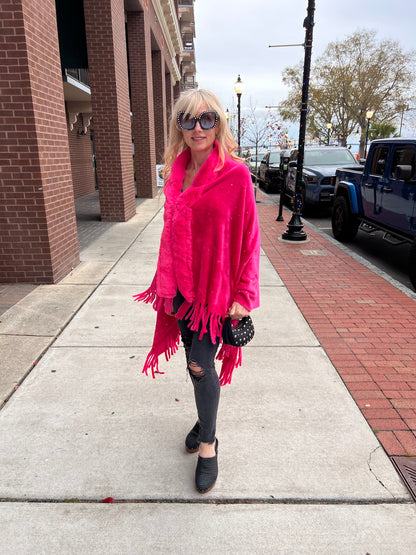Rhinestone Embellished Fringe Faux Fur Poncho