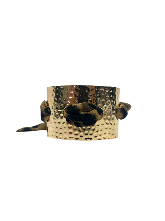 Gold hammered metal bangle bracelet with printed tie