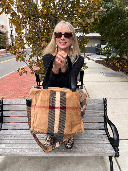 Fluffy Faux Fur Plaid Tote Bag