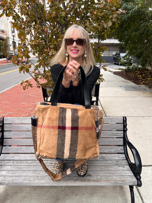 Fluffy Faux Fur Plaid Tote Bag
