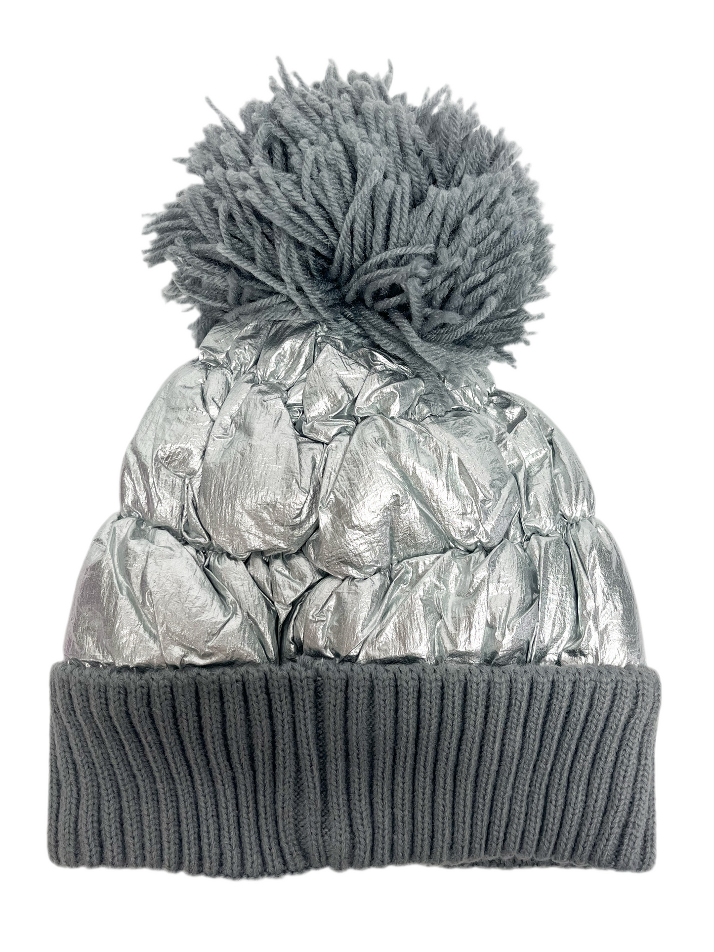 Long fuzzy pom pom puffer beanie hat