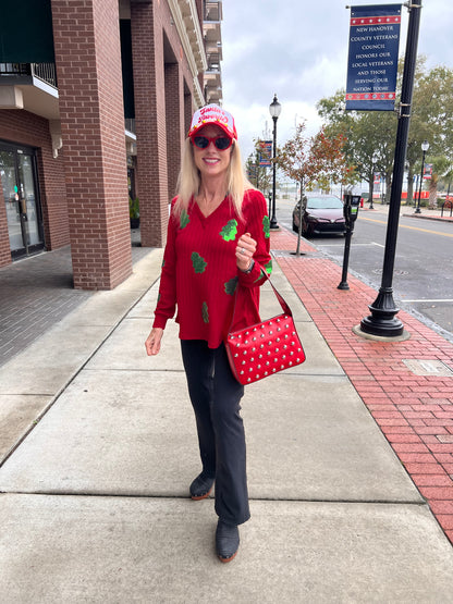 Red V-Neck Knitted Sweater