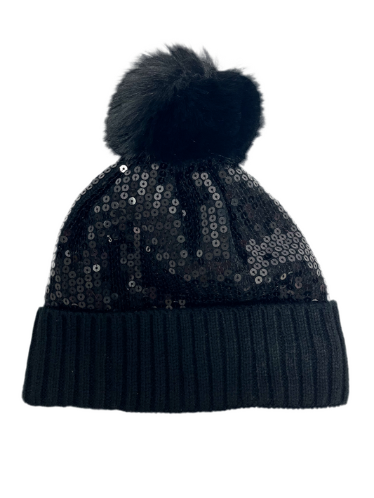 Sequin pom pom beanie hat