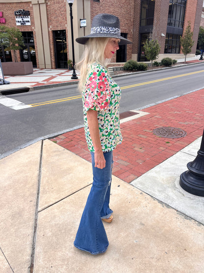 Embroidered Balloon Sleeve Top