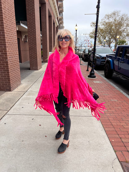Rhinestone Embellished Fringe Faux Fur Poncho