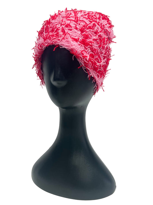 Pink and red fuzzy beanie