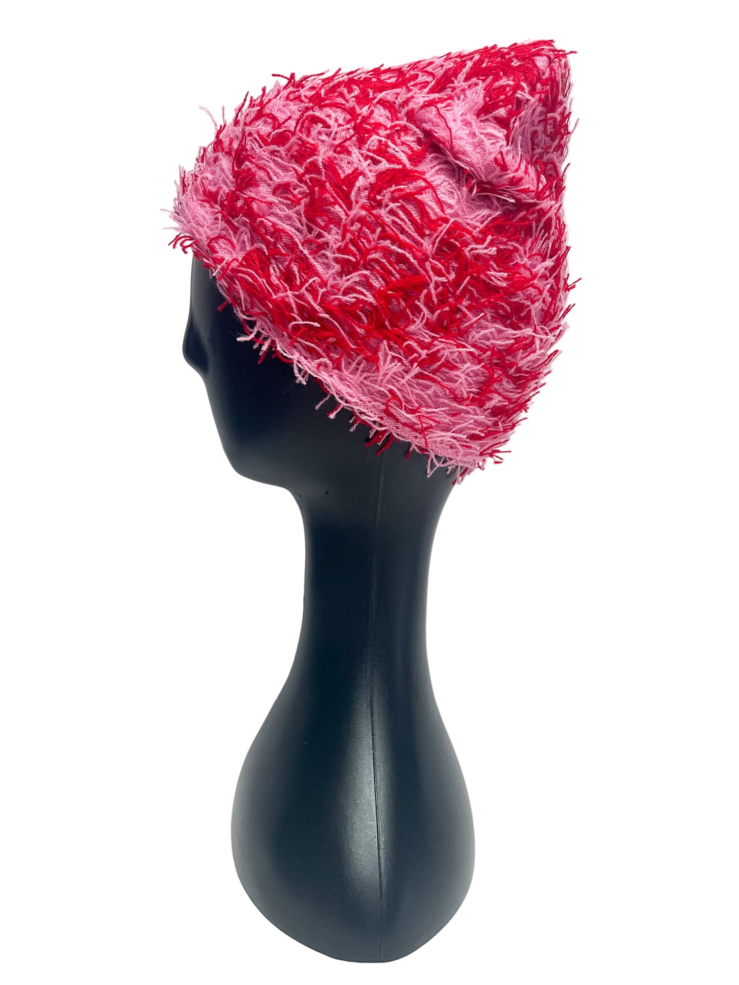 Pink and red fuzzy beanie