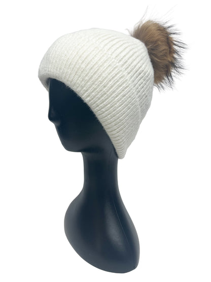 White beanie with detachable pom pom