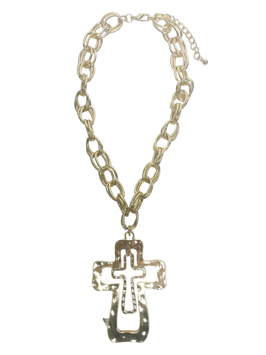 Big Double Hammered Gold Cross Necklace