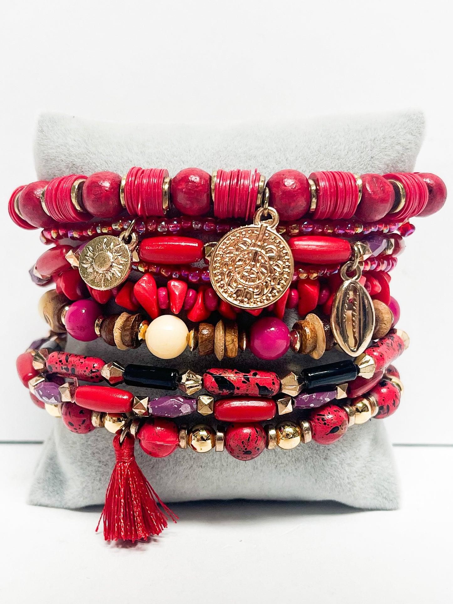 Red layered charm stretch bracelet