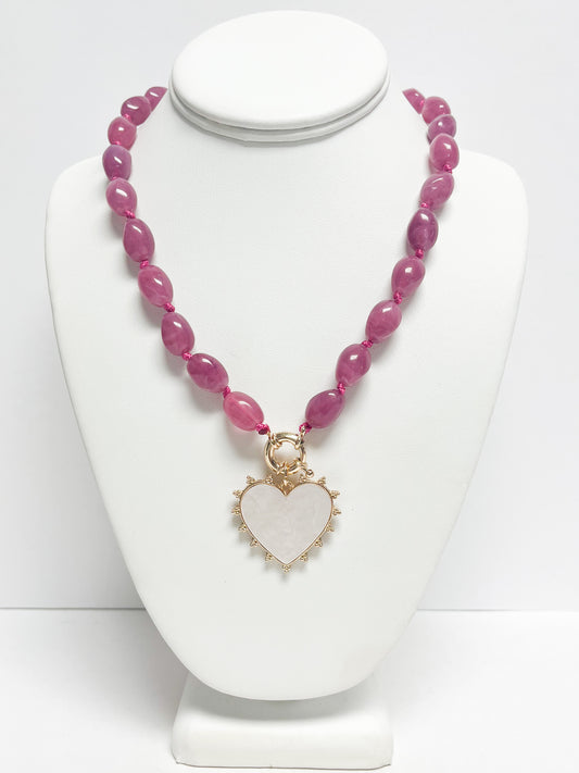 Fuschia Beaded Heart Necklace