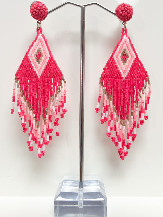 Pink Seed Bead Tassel Earrings