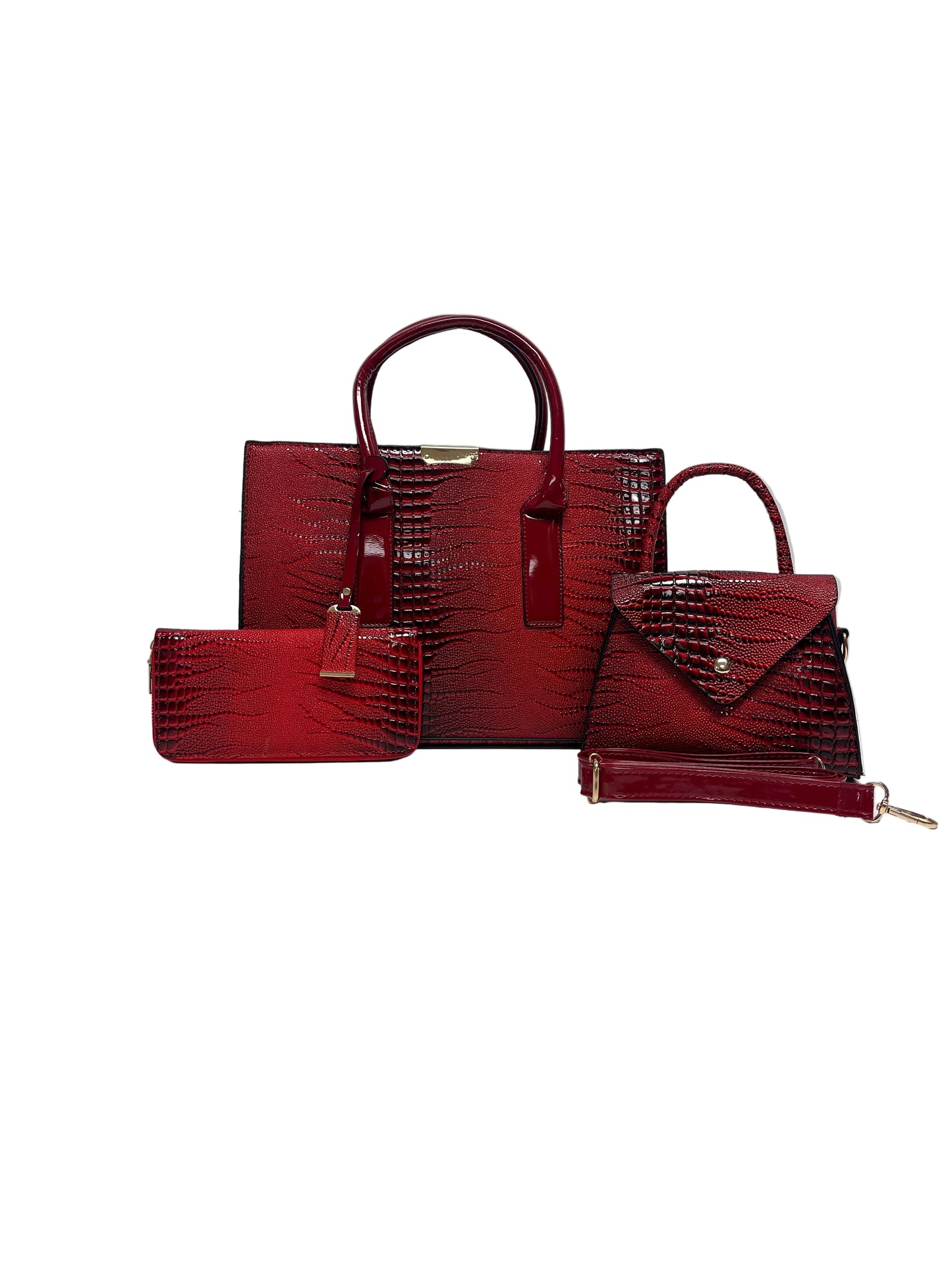 Red textured 3 piece handbag set