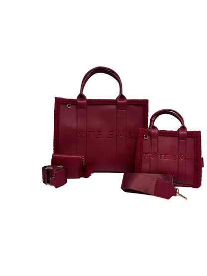 Fuzzy red 3 piece handbag set