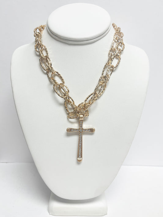 Double chain crystal cross necklace