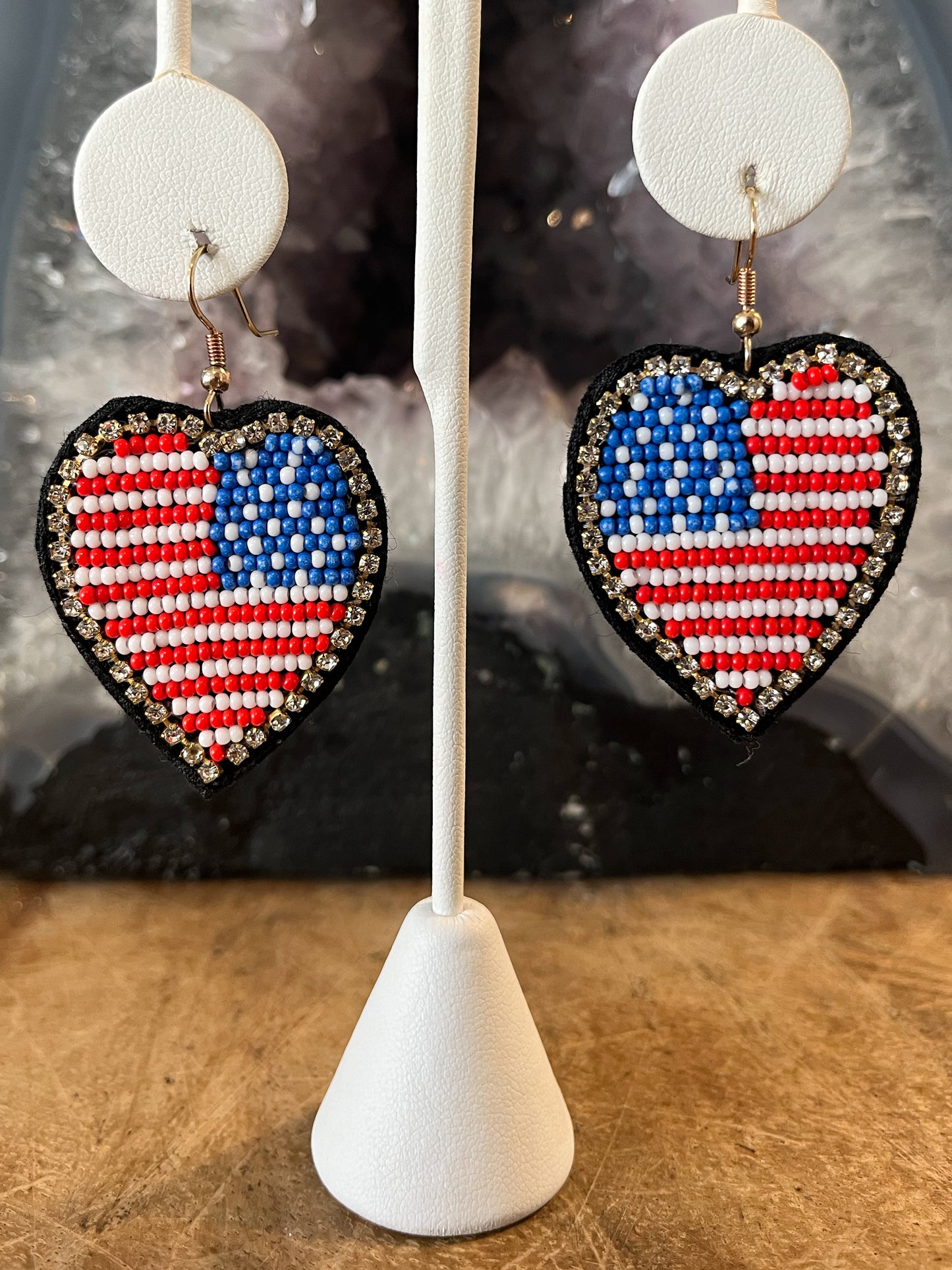 Patriotic Heart Seed Bead Earrings