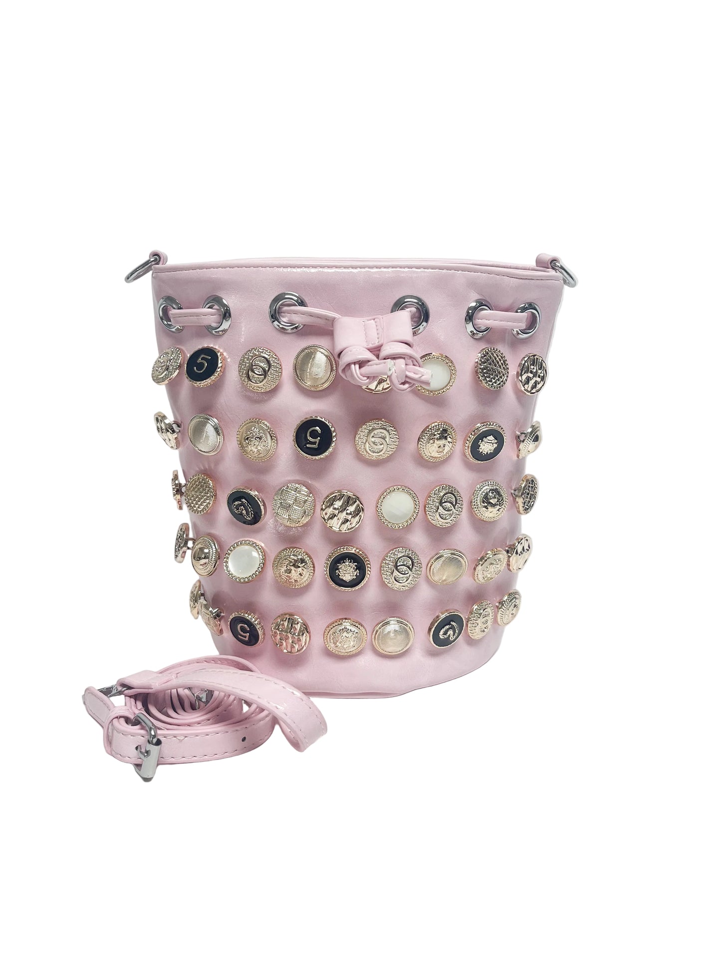 Pink button charm bucket bag