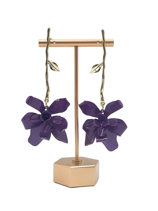 Gold and purple petal drop earrings