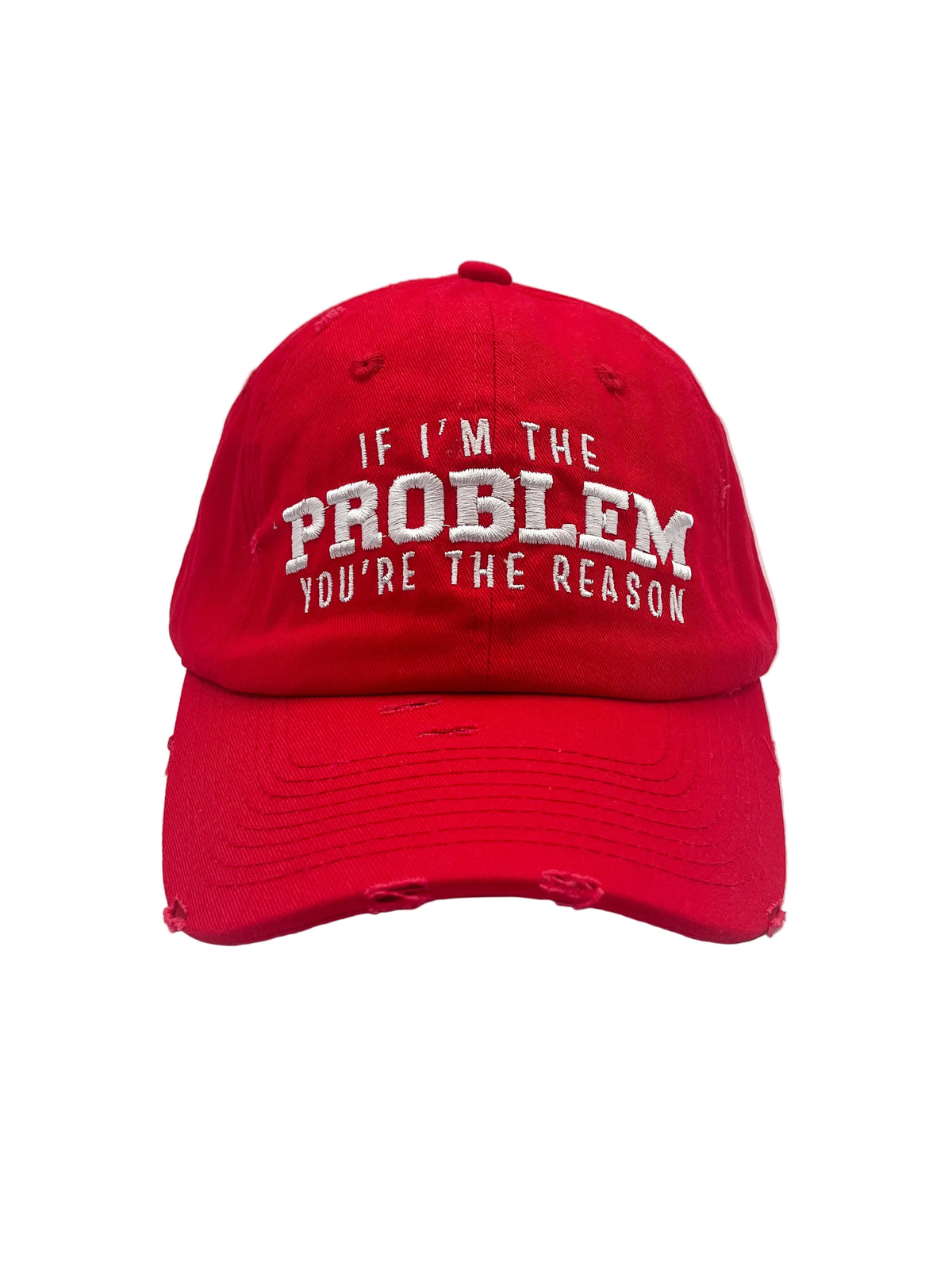 Red distressed script hat