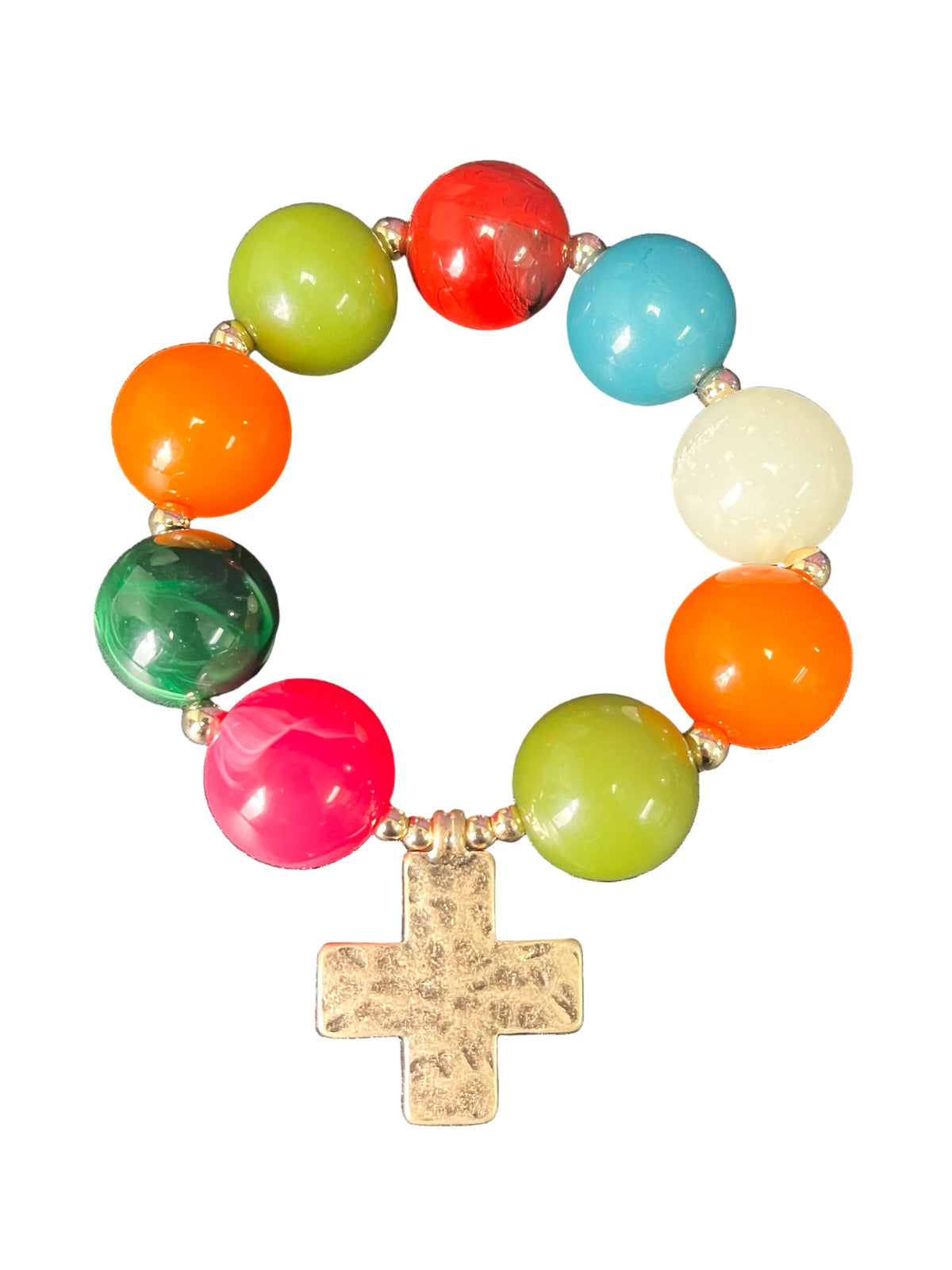 Multicolored hammered pendant cross bracelet