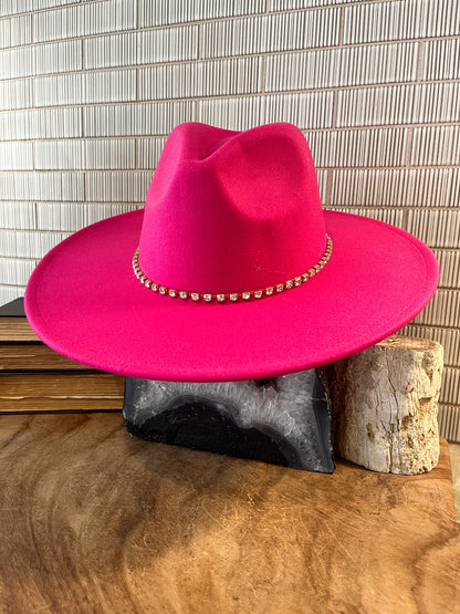 Wide Brimmed Crystal Band Fedora Hat