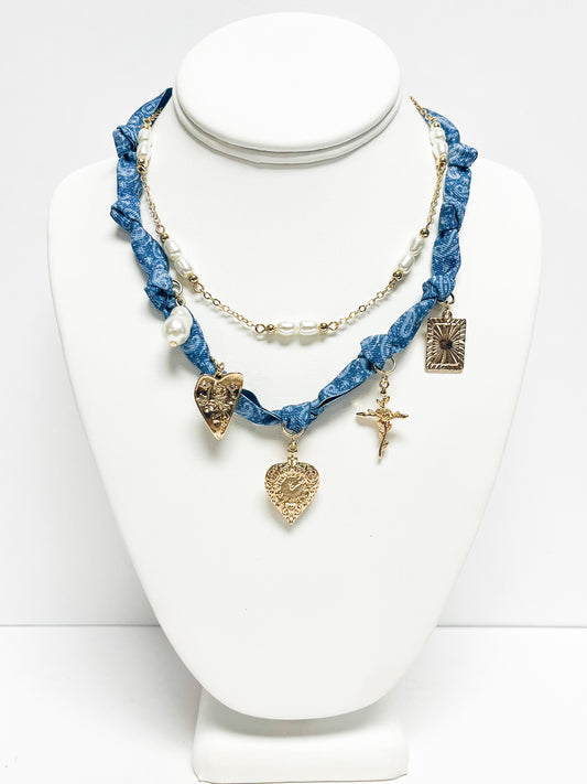 Layered denim fabric necklace
