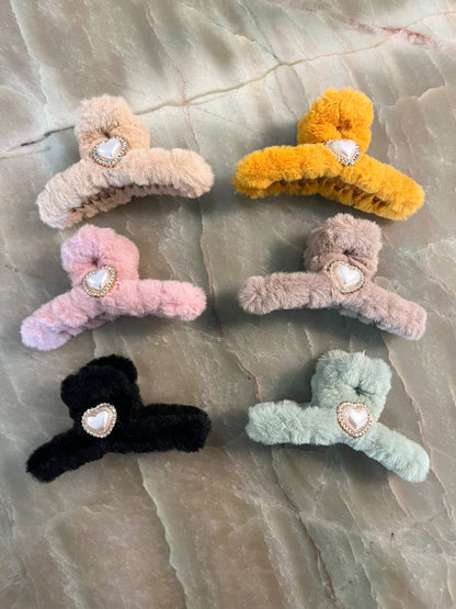 Fuzzy Heart Pendant Hair Clip