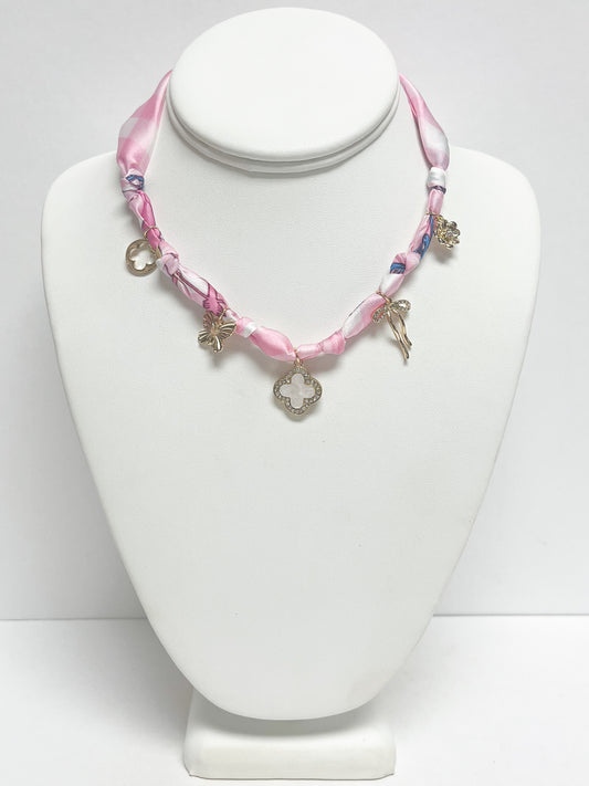 Pink Flower Bow Scarf Necklace