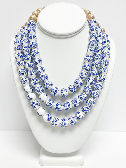 Layered blue and white Printed Beaded Necklace