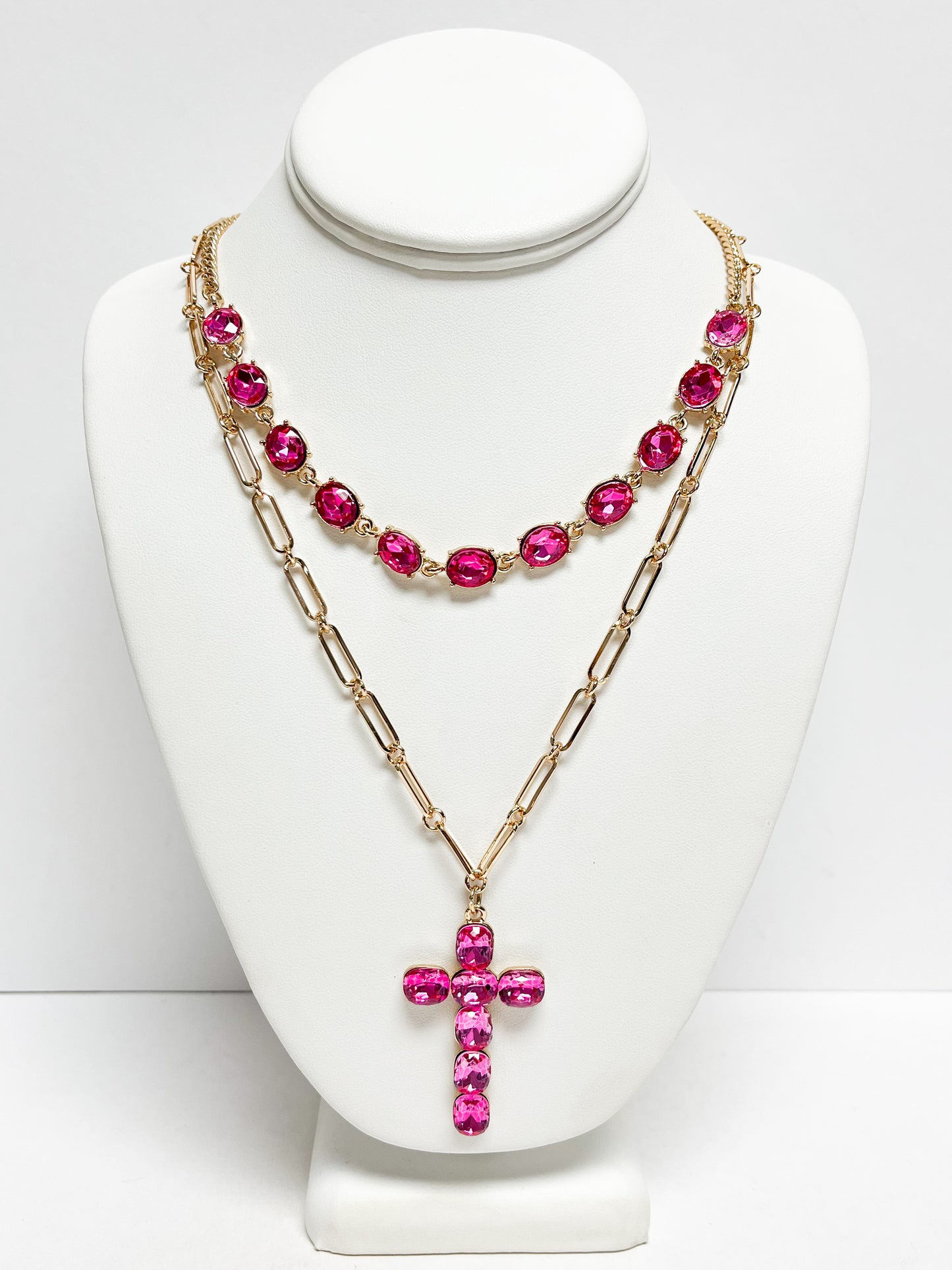 Layered pink cross necklace