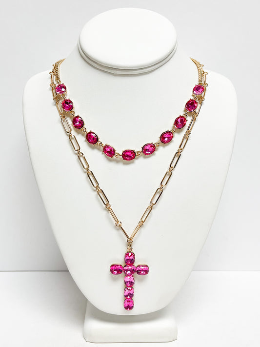 Layered pink cross necklace